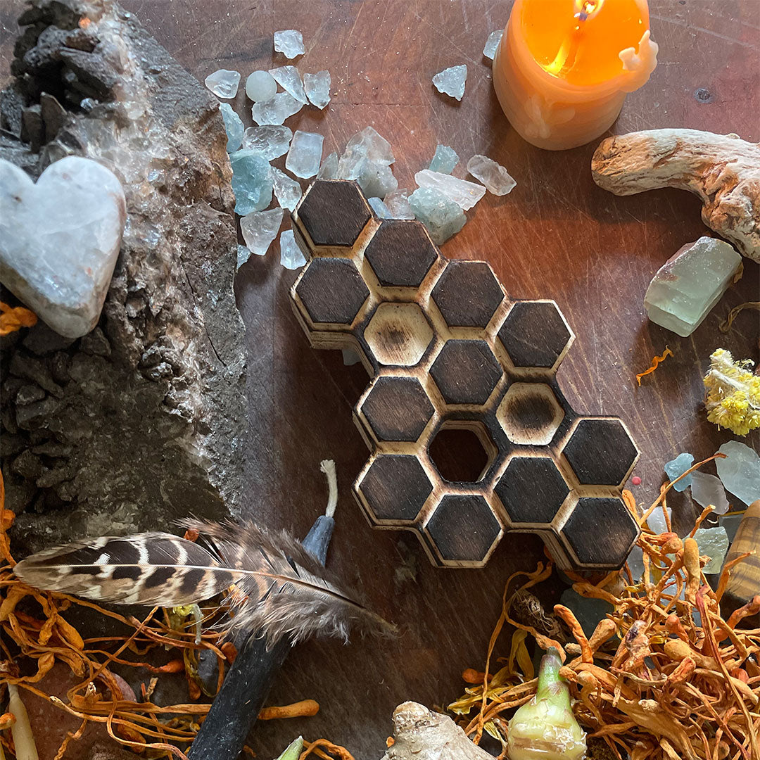 smudged wood honeycomb with twelve hexes art therapy project