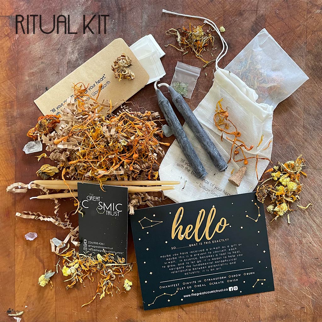 ritual kit includes paper slips, beeswax candles, crystal chips, black ritual candle, botanicals, two incense cones