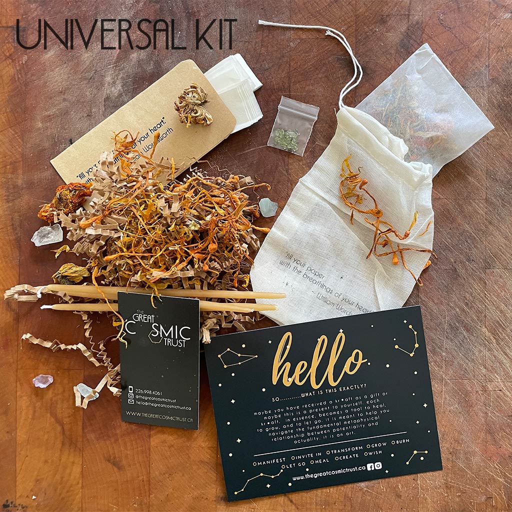 universal kit includes paper slips, crystal chips, beeswax candles, botanicals